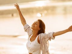 happy brunette woman