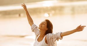 happy brunette woman