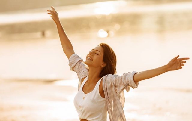 happy brunette woman