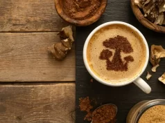With a mushroom coffee art on coffee foam