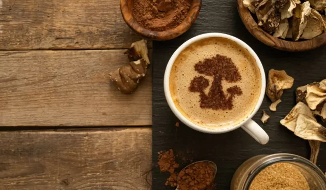With a mushroom coffee art on coffee foam