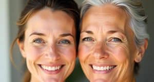 Two women, young and mature, with glowing skin, showcase the effects of anti-aging treatments for a youthful complexion.